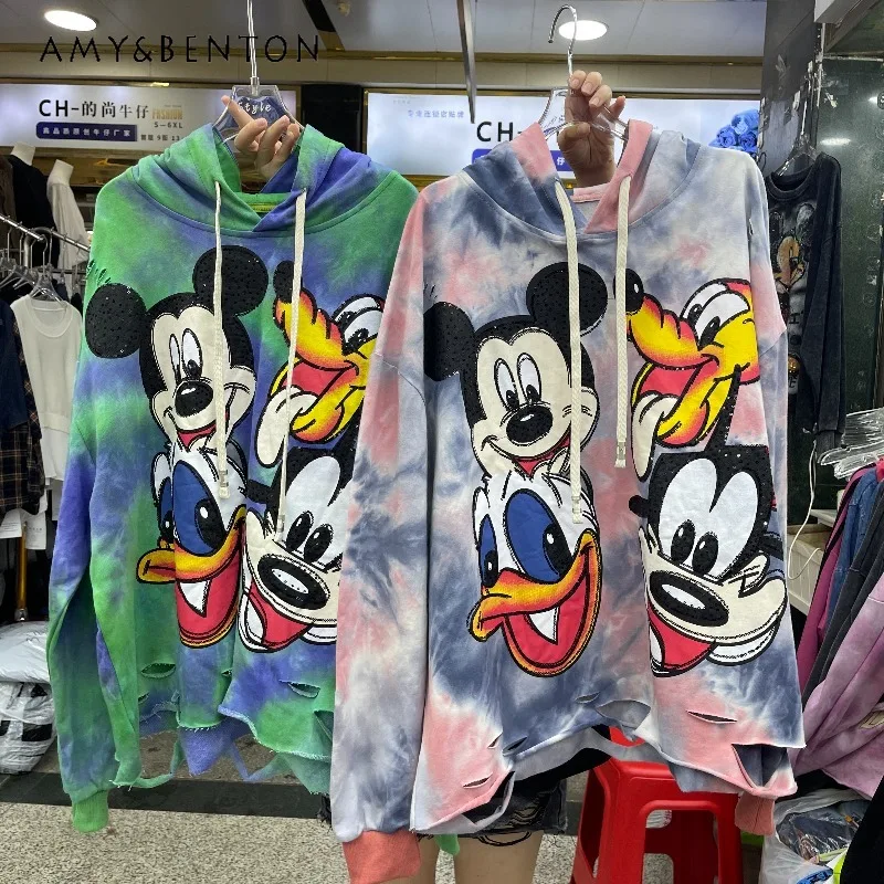 American Retro Style Full Diamond Cartoon Distressed Loose Hooded Sweatshirt Women's Popular Pullover Long Sleeved Casual Hoodie