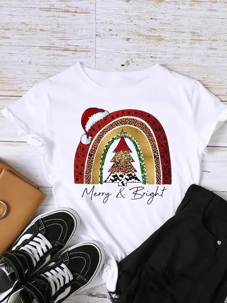 ลายสก๊อตน่ารักหวานเลดี้ใหม่ปีเสื้อพิมพ์ผู้หญิง Tee วันหยุดคริสต์มาสเสื้อผ้าแฟชั่นเสื้อผ้ากราฟิกเสื้อยืด
