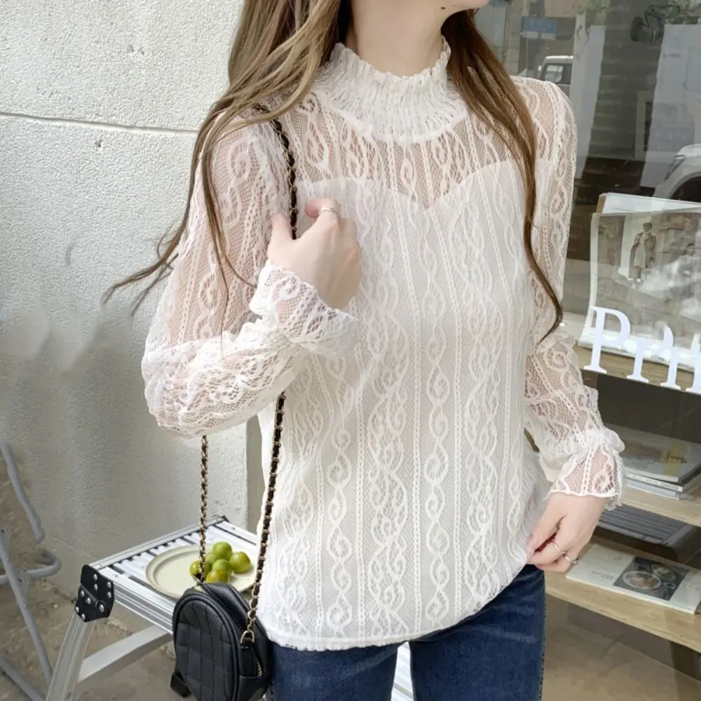 

Pullover Lace Flower Top Women See Through Half High Collar Transparent Long Sleeved Top Streetwear Blouse