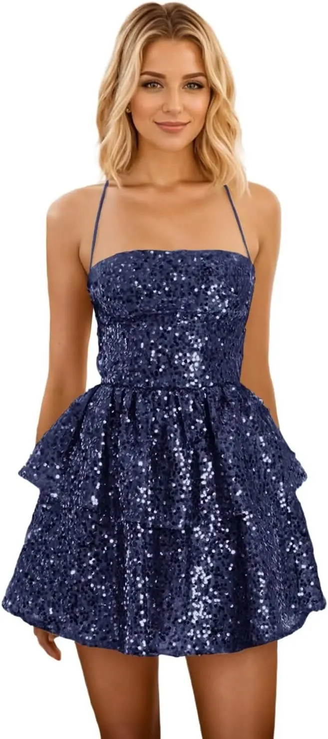 

Short Sequin Homecoming Dresses for Teens Tiered HOCO Dress 2026 Flowy Sparkly Cocktail Dress Graduation Evening Dresses
