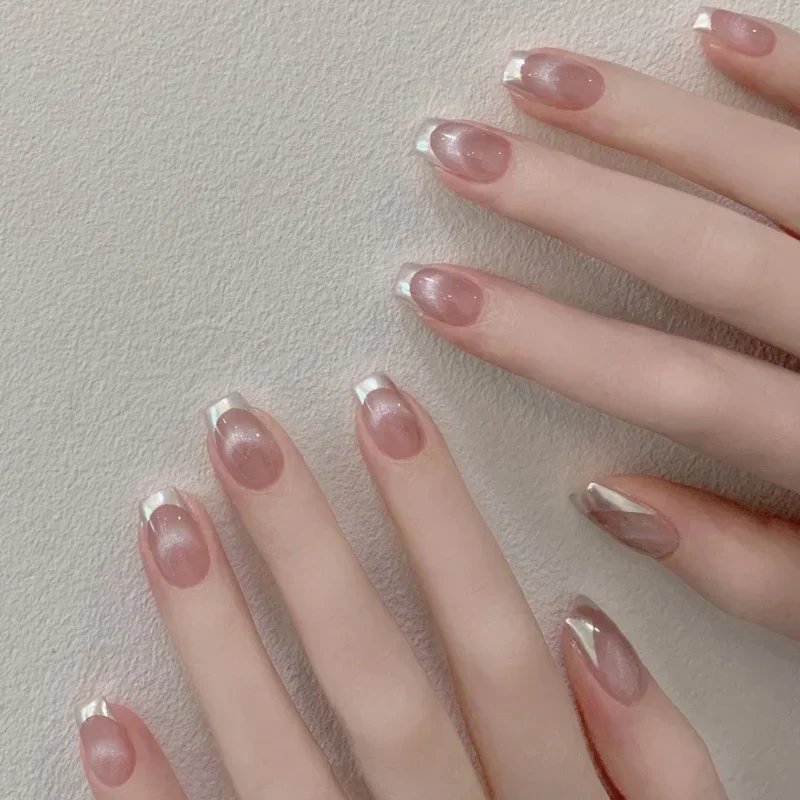

10pcs Handcrafted Nude Cat Eye Press-On Nails Glossy French Tip Short Ballet Shape For Women And Girls Party Dance Daily Wear