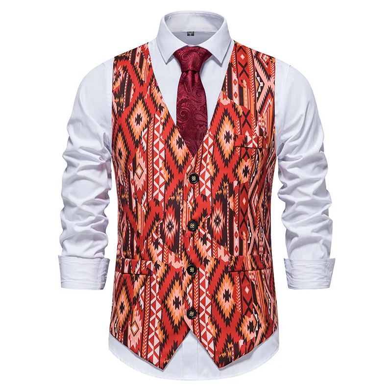 

Red African Dashiki Print Suit Vest Men African Clothing Party Wedding Prom Tuxedo Vests Waistcoat Men African Clothes Chalecos