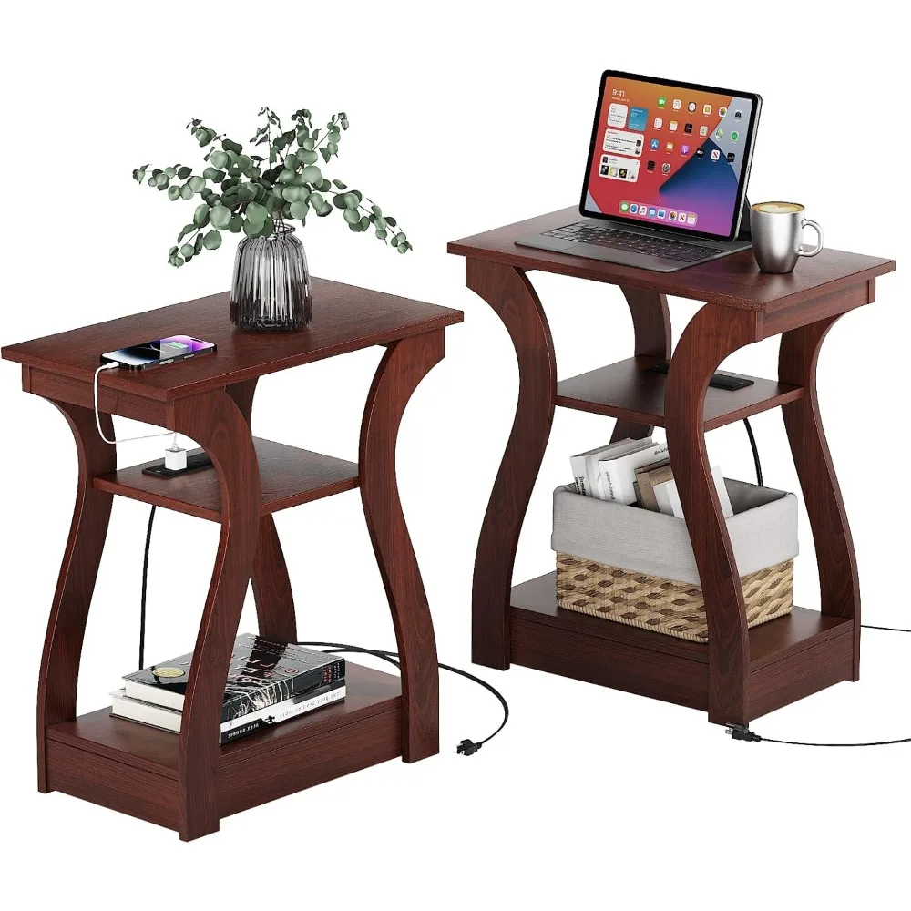 

End Tables Living Room Set of 2, End Table with Charging Station, Cherry End Table with USB,Side Table, Nightstand for Bedroom,