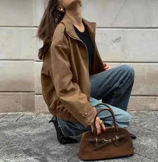 

Autumn and Winter 2025 New Brown Loose Retro Fashion Casual Jacket for Women,flip Collar Fashion High Street Zipper Loose Jacket