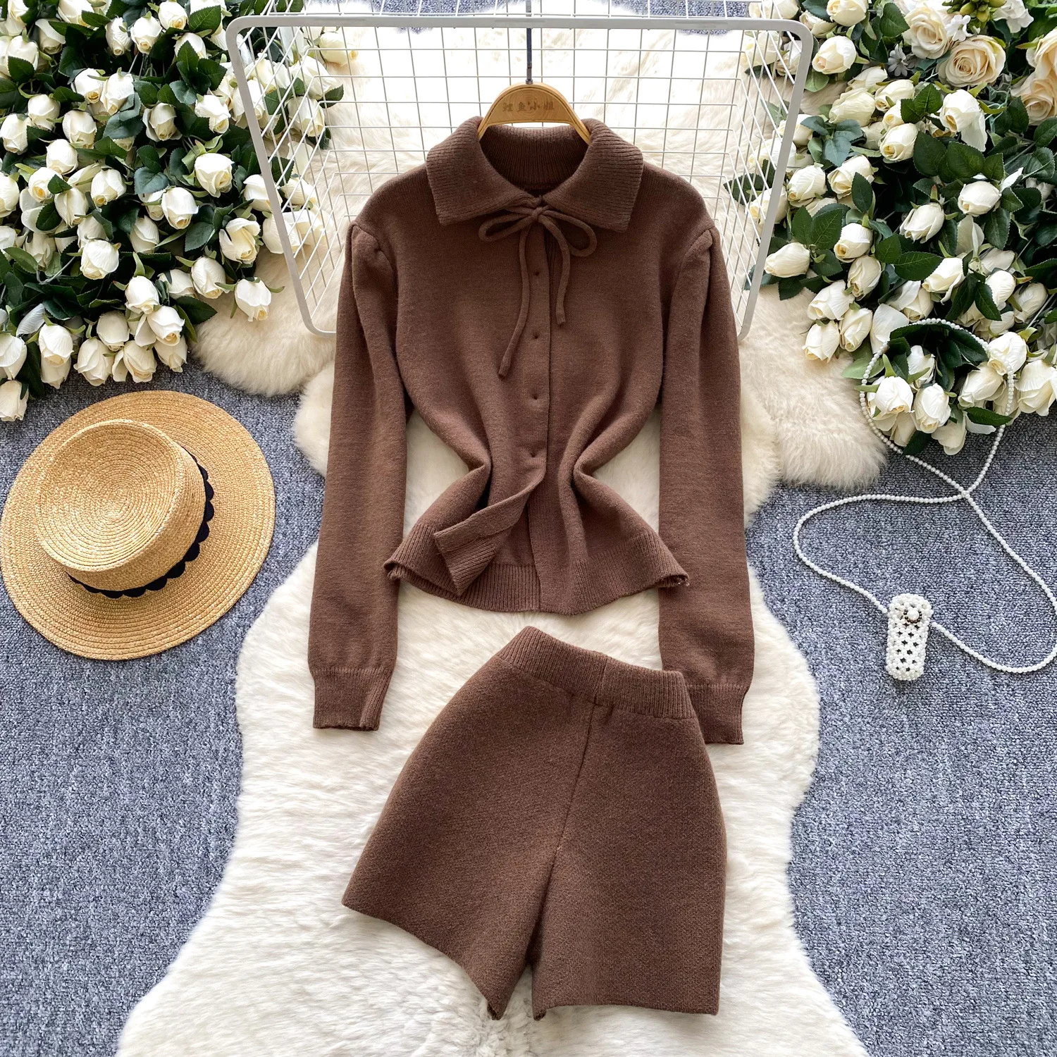 

Vintage British Style Long-sleeved Knitted Sweater With High Waist And Wide Leg Shorts Suit For Women's Autumn