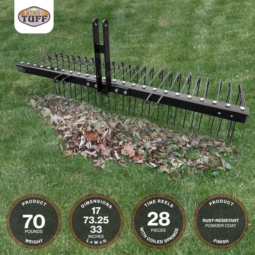 Steel Spring Coil Tine Tow Behind Landscape Rake for Leaves, Pine Needles, Straw, and Grass