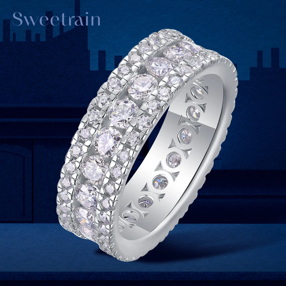 Sweetrain 3-rzędowy pierścionek z moissanitem 18-karatowe białe złoto platerowane 925 Sterling Silver Ślubne pierścionki zaręczynowe dla kobiet Drobna biżuteria