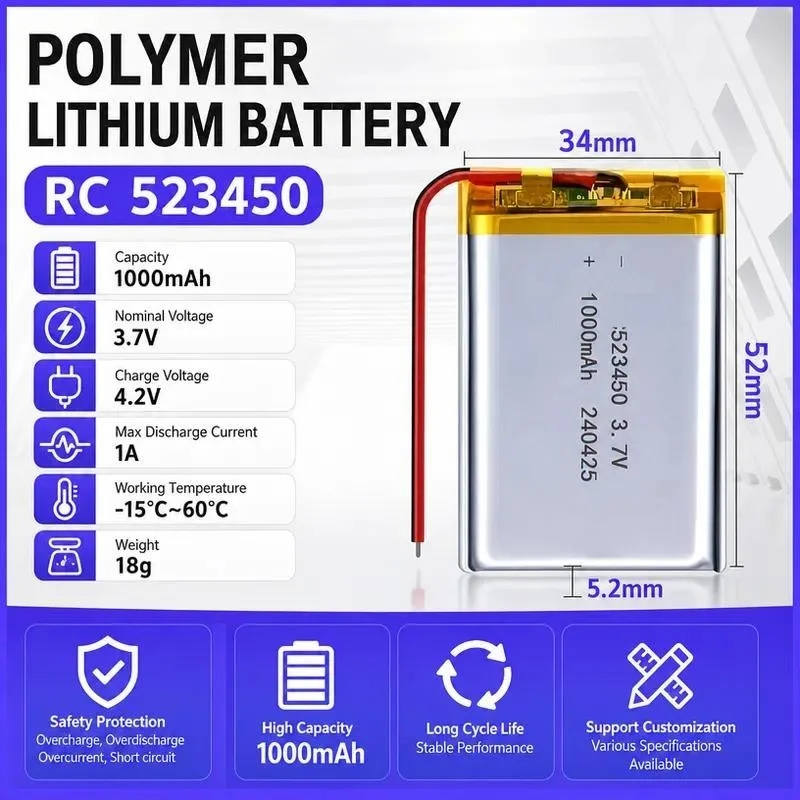 for 523450 Polymer Lithium Battery 1000mAh 3.7V Rechargeable Battery Cell