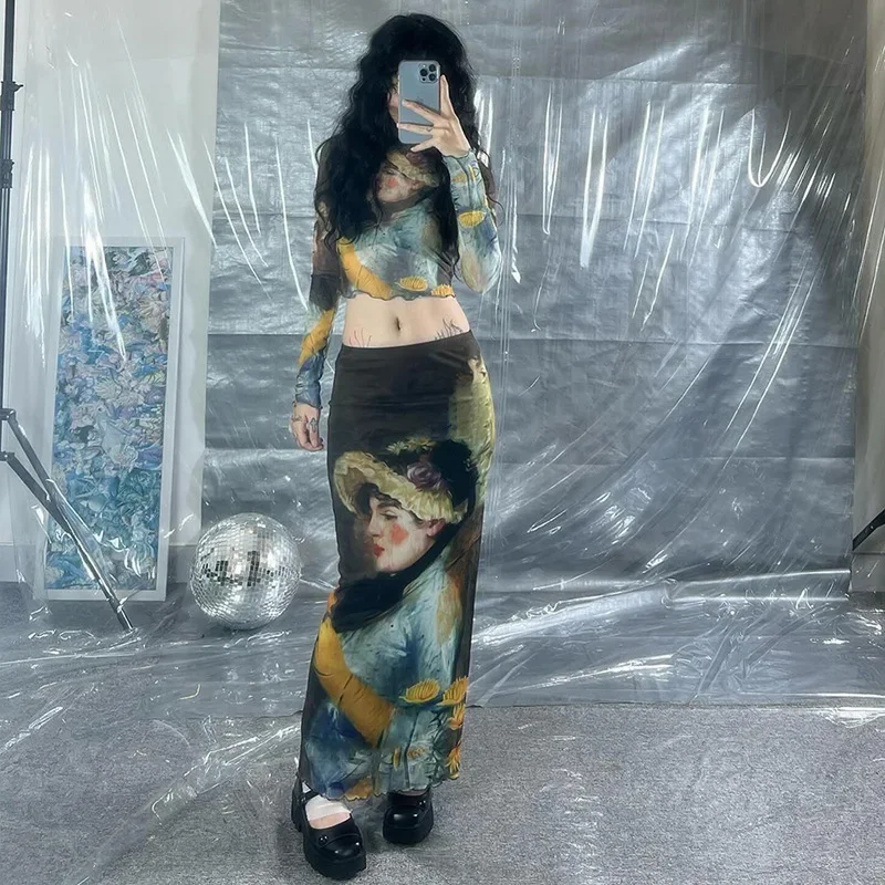 Vintage Graphic Printed Low Waist Long Skirt Y2K Aesthetic 2000s Skirt Set Women Goth Cyberpunk Retro Long Sleeve T-Shirt Top