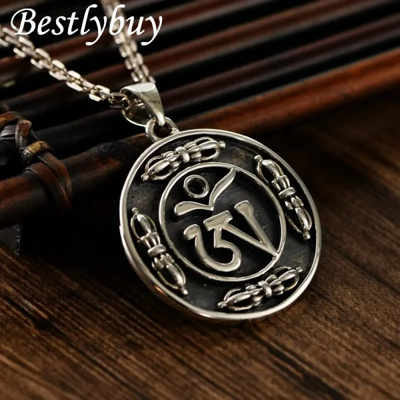 

New S925 Sterling Silver Vintage Fashion Sanskrit Six Character Truth Diamond pestle Pendant Male Gift