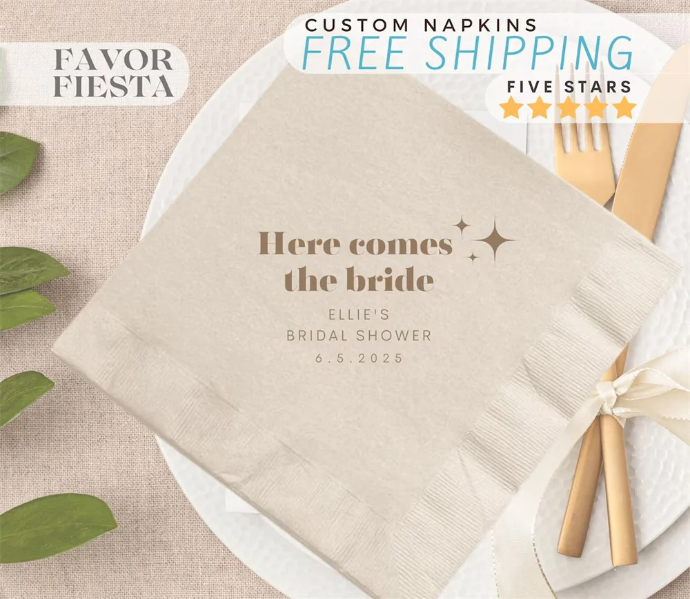 

50PCS Bridal Shower Napkins for Modern Bridal Shower, Cocktail, Luncheon Napkins for Engagement Party Favor, Here Comes the Brid