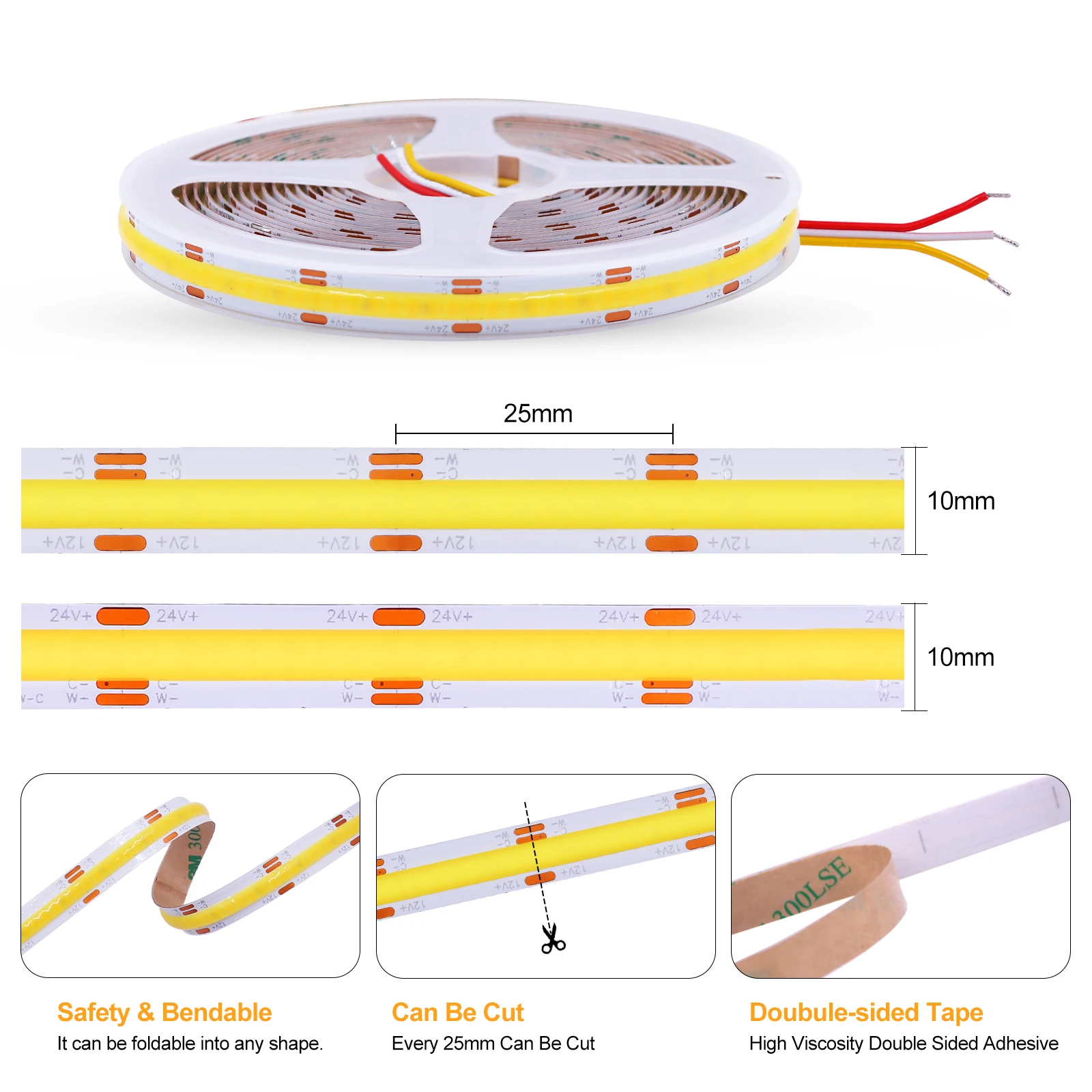 CCT COB LED 스트립, 고밀도 유연한 LED 테이프 라이트 바, 선형 조도 조절 가능, 24V, 12V, IP67 방수, 608LEDs/m, 3000K ~ 6500K