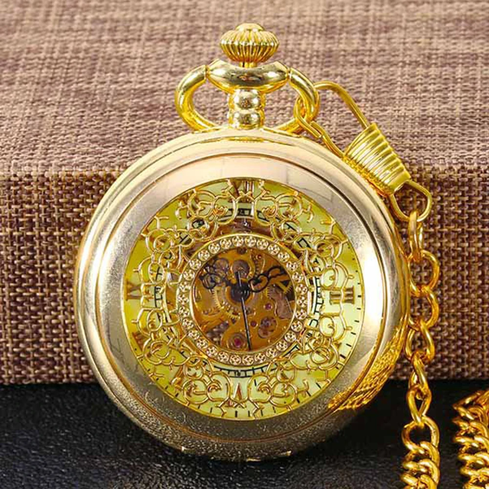 Gold Mechanical Pocket Watches With Hollow Carving Beige Dial Necklace Clock Pendant Birthday Anniversary Gift