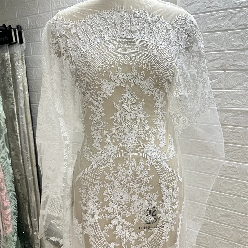 2024 Unique Off White Mesh Embroidery Floral High Quality Bridal Lace Fabric DIY Sewing Accessories Fabric Clothes