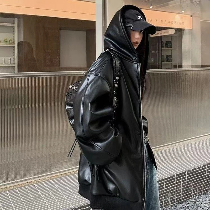 Chic Fleece Pu Reversible Women Jacket Hooded Zip Up Oversized Black Grunge Y2K Streetwear Loose Baggy Winter Coat Top