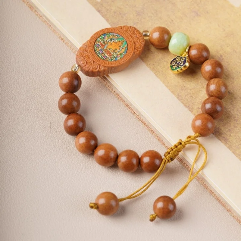 

Peach Wood Round Simple Single-Loop Wooden Buddhist Bead Rosary Bracelet with Yellow Wealth God Hand-Braided Cord