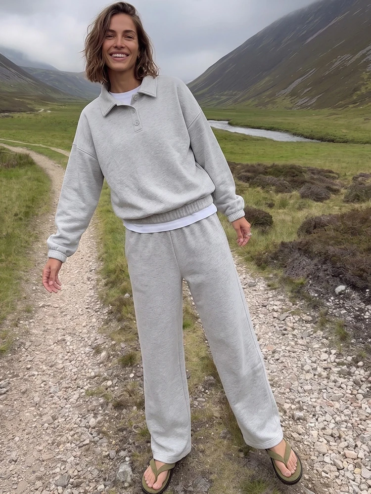 Damen-Hosenanzug 2-teilig Polokragen Langarm-Sweatshirt Pullover Elastische Taille Hose Streetwear Einfarbiger Oversize-Trainingsanzug – Detail 9