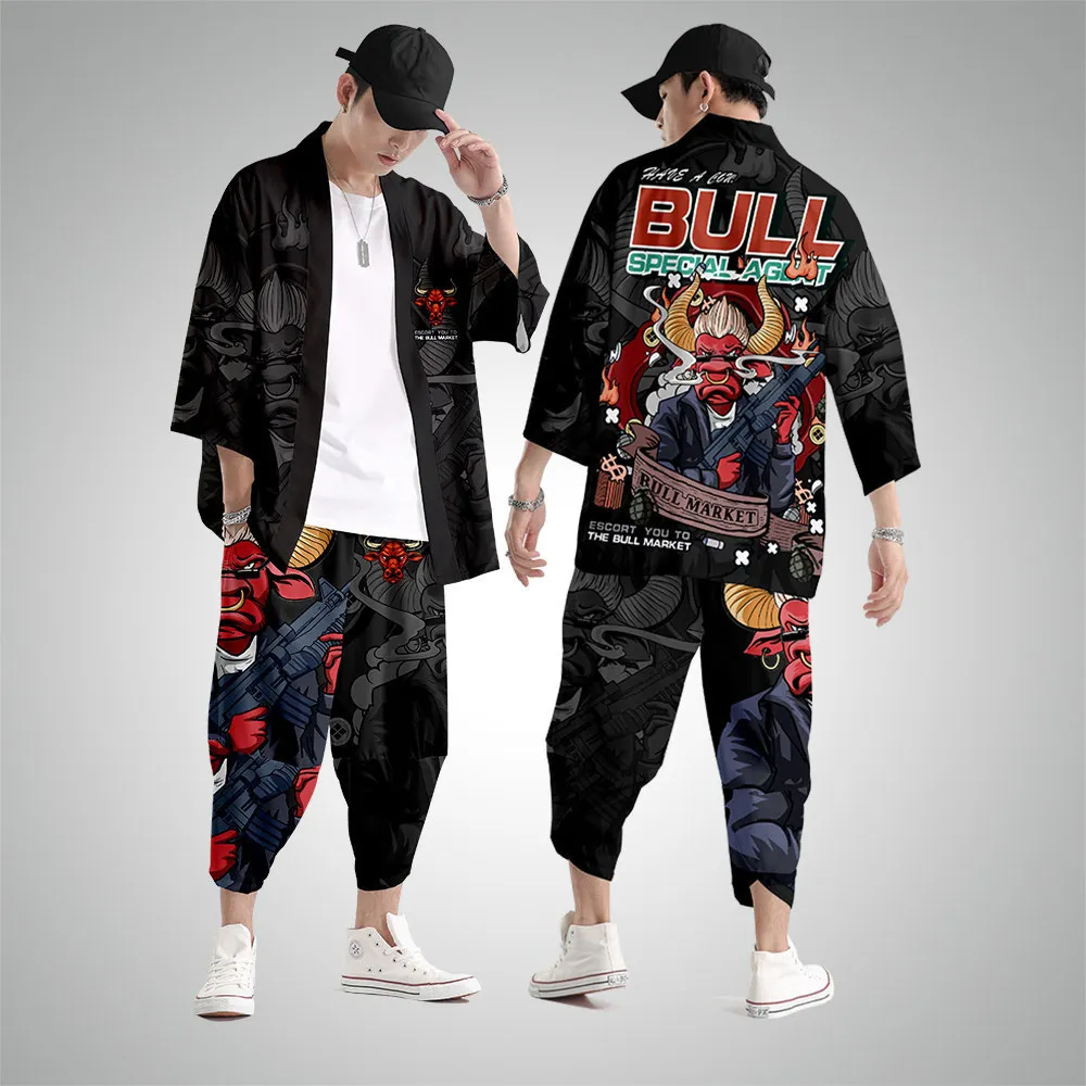 

Japanese Streetwear Women Cardigan Kimono Yukata Men Cosplay Asian Clothing Anime Bull Print Traditional Haori