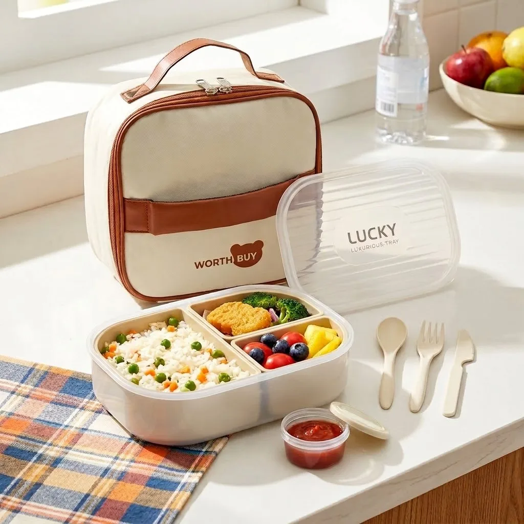 3 Compartment Plastic Bento Box Removable Lunch Box Microwavable Meal Prep Food Storage Snack Containers For Kids School Adult