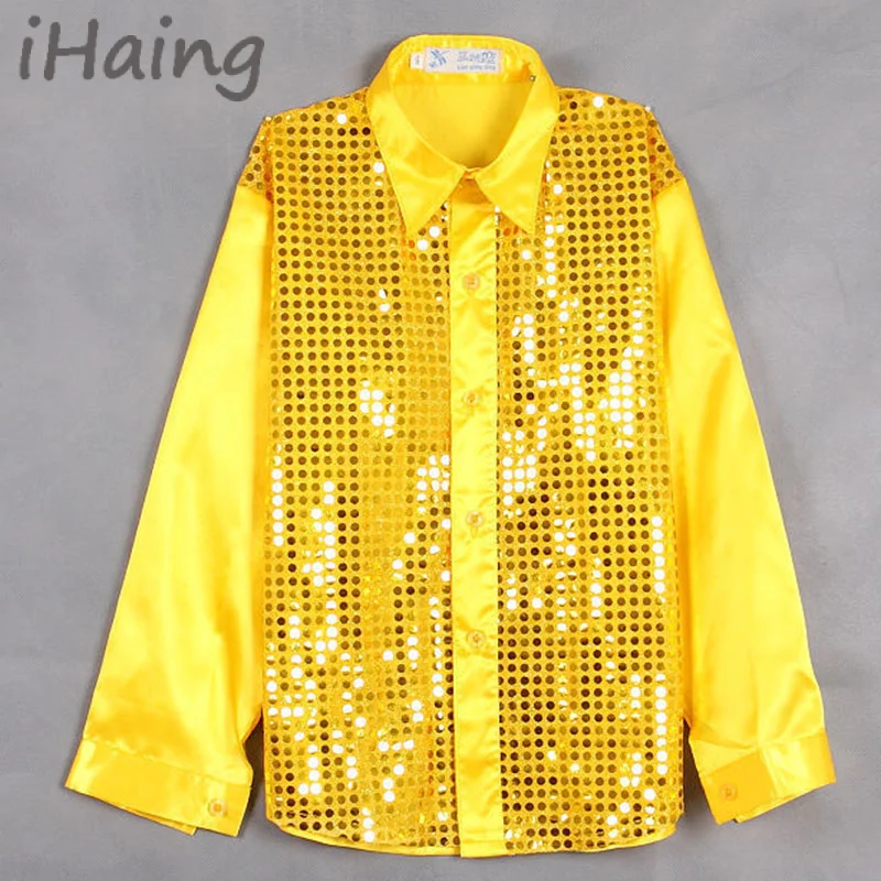 Kids Sequins Dance T-shirts Top Girls Boys Long Sleeve Solid Color Top for Jazz Dancewear Shiny Stage Performance Costume