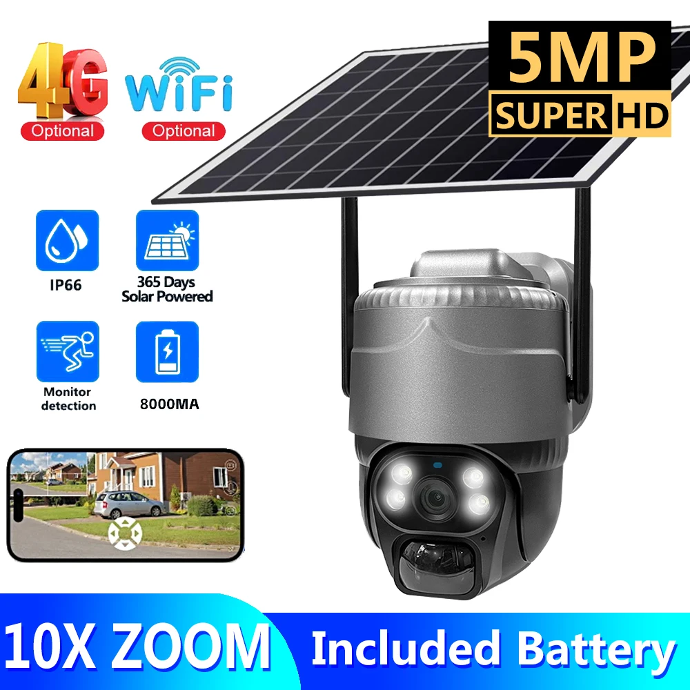 

5MP Solar Wifi Samera 8000mah Battery PTZ Outdoor Security IP Camera Smart Home Protection Waterproof 4G SIM Card 360 Monitoring