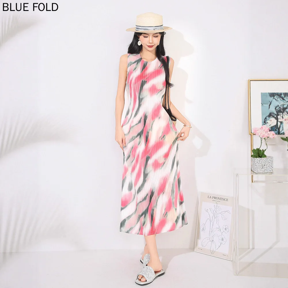 Vestido Plisado Estampado Miyake, Nuevo Estilo Elegante, Talla Grande, Vestido Informal, Sin Mangas, Tipo Pullover, Vestido Tipo Camiseta, PLEATS
