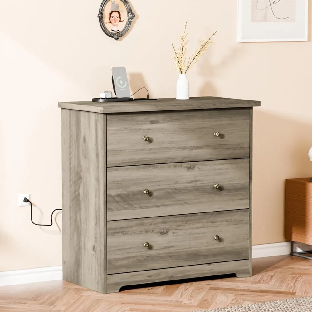 

3 Drawer Dresser with Charging Station, Gray Dresser Chest of Drawers, Small Dresser Wood, Grey for Bedroom