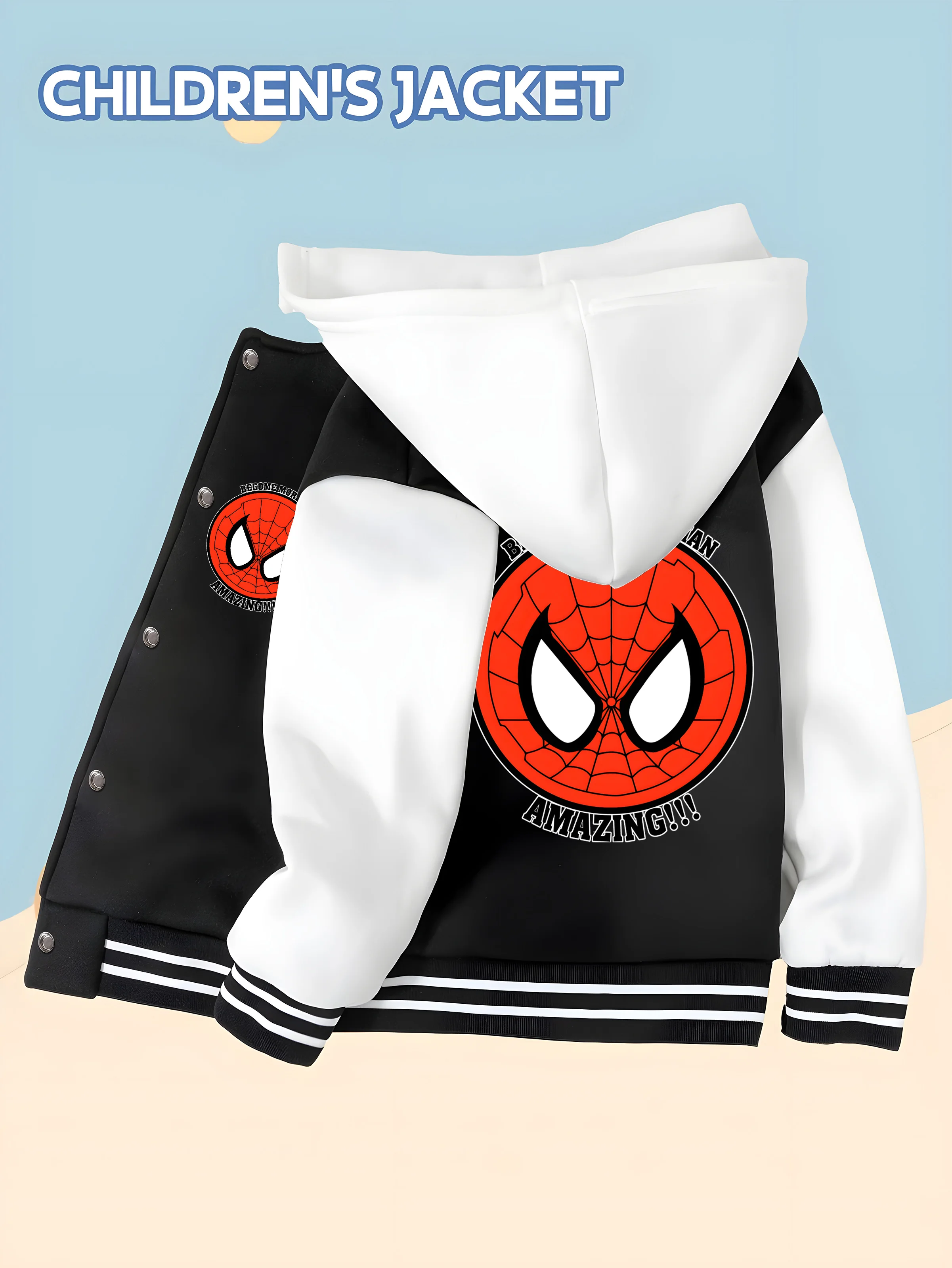 

MINISO Spider-Man theme children's baseball jacket creative printing, black and white stitching trend, trendy design and comfort