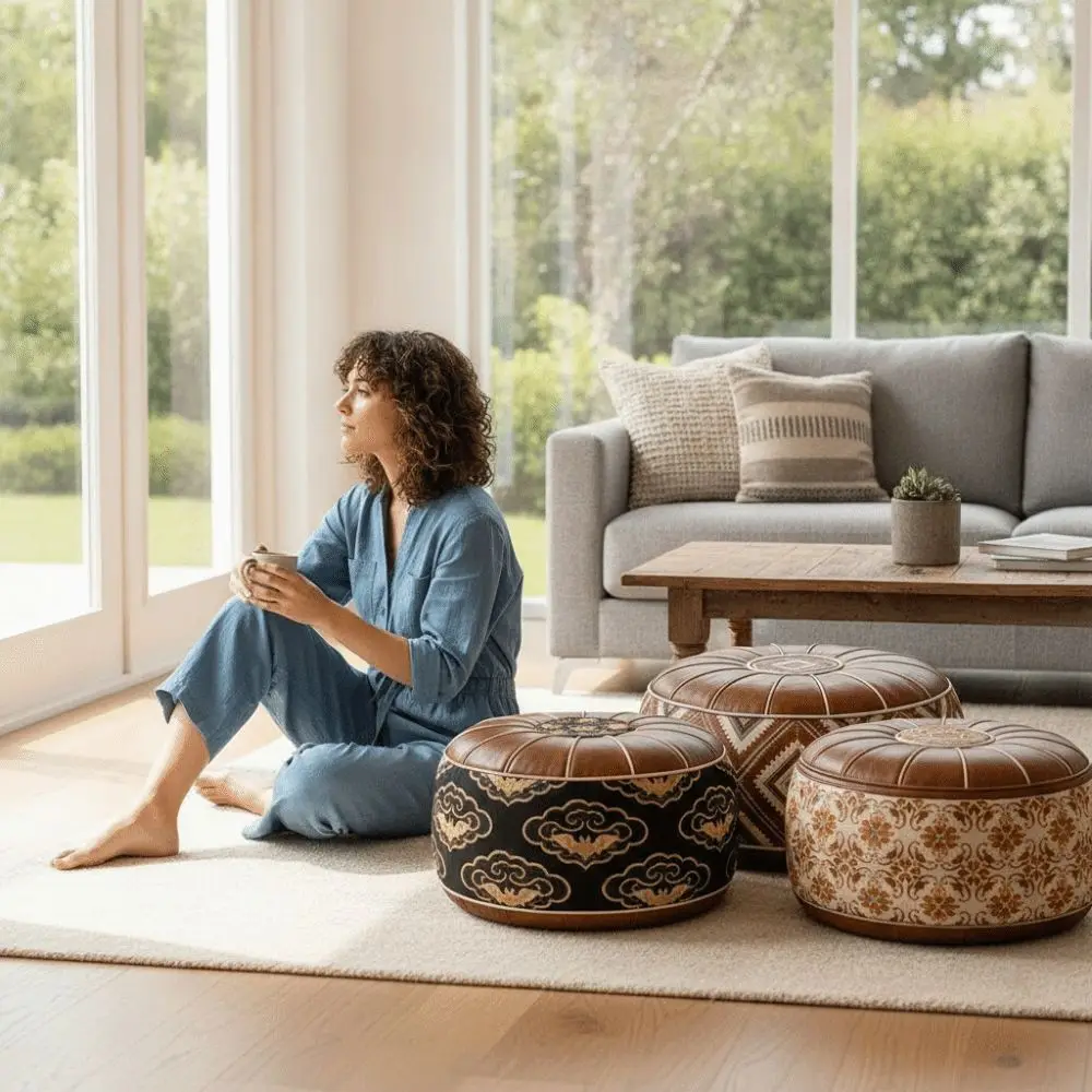Boho Pattern Ottoman Pouf Fillable Design PU Leather Storage Ottoman Water Resistant Large Opening Round Pouf Cover Home Use