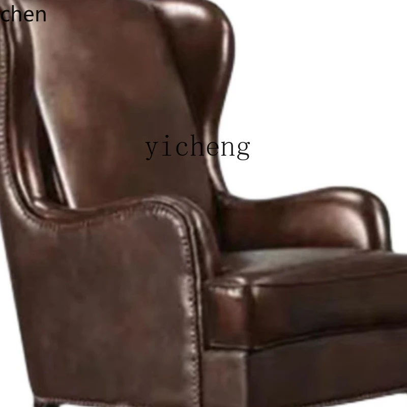 YFY  Wingback Chair Sofa First Layer Cowhide Retro Oil Wax Skin Chair Leather Single
