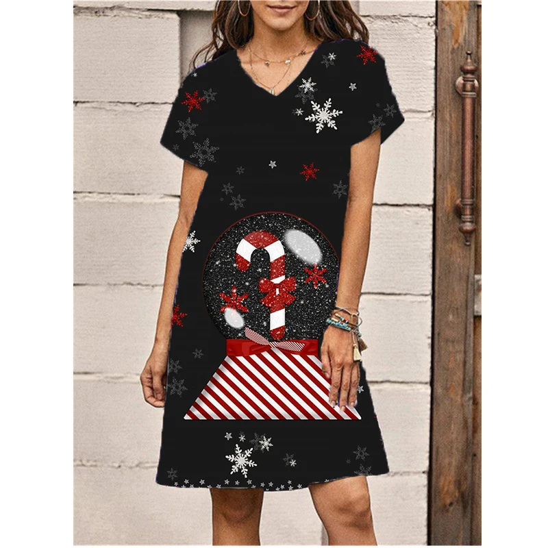 Merry Christmas Letter Print Women Dress New Summer Sexy V-neck Loose Mini Dress Streetwear Casual Christmas Party Ladies Dress