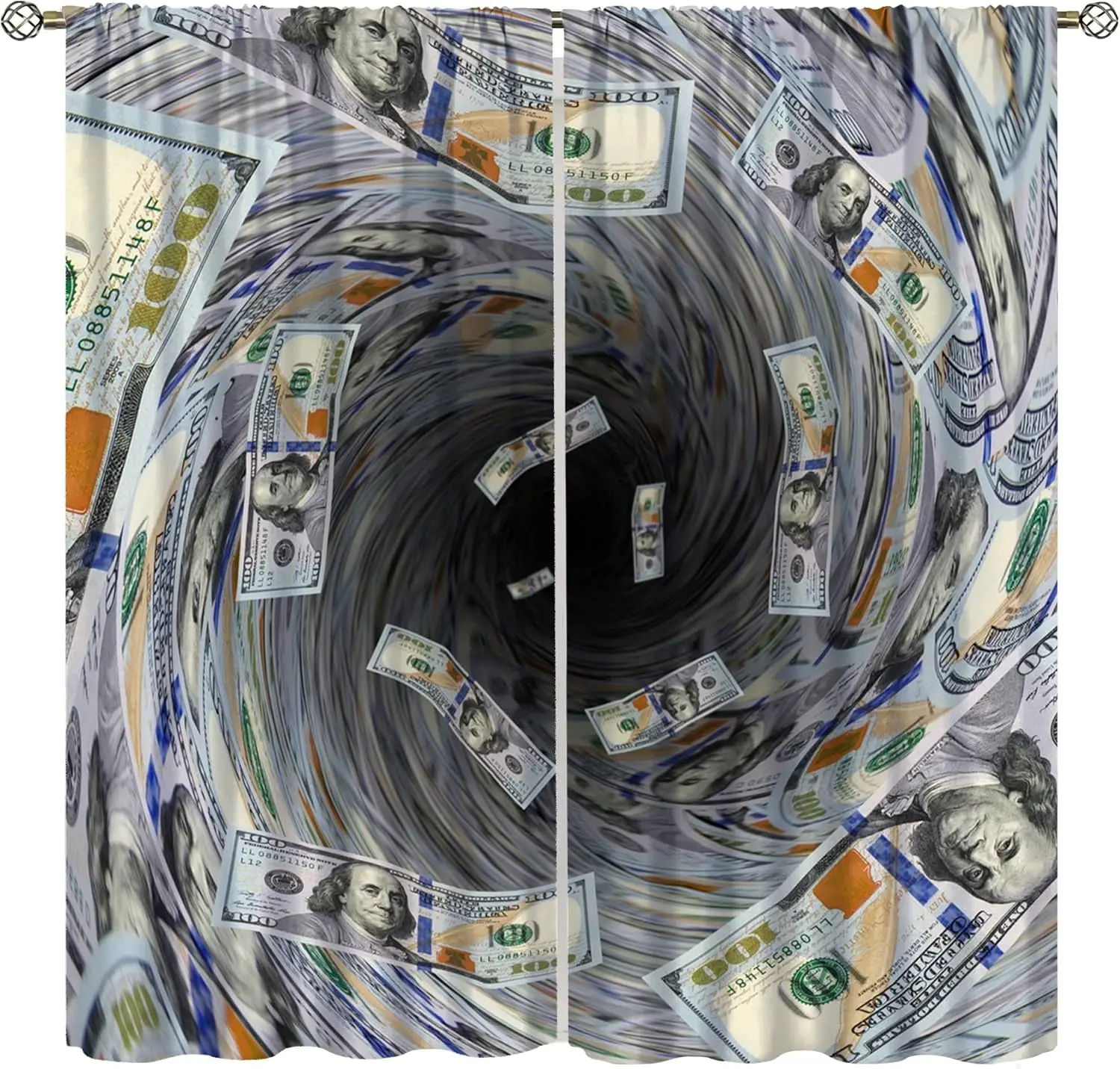 Dollar Curtains, Abstract Cool 3D Dollar Bill Black Hole Decor Window Treatments, Thermally Insulated Rod Pocket Drapes for Boys