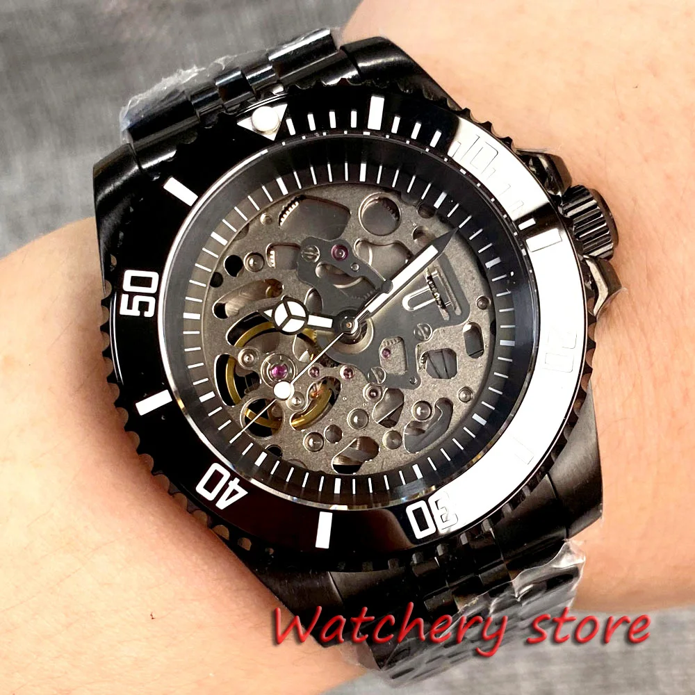 New 40mm NH70 Movement Black PVD Mens Watch Sapphire Glass Luminous Hands Ceramic Black Blue Bezel steel Bracelet