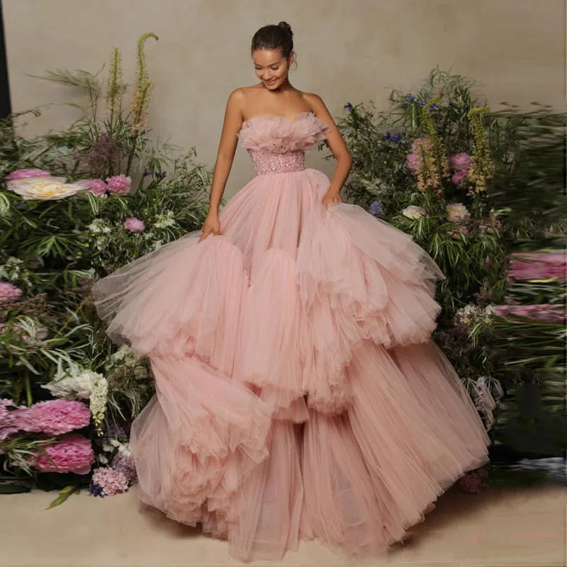 Gorgeous Pink Bridal Party Dresses Strapless Fluffy Tulle Prom Gowns Layered Dress Beaded Corset Photo Shooting Dress Custom Mad