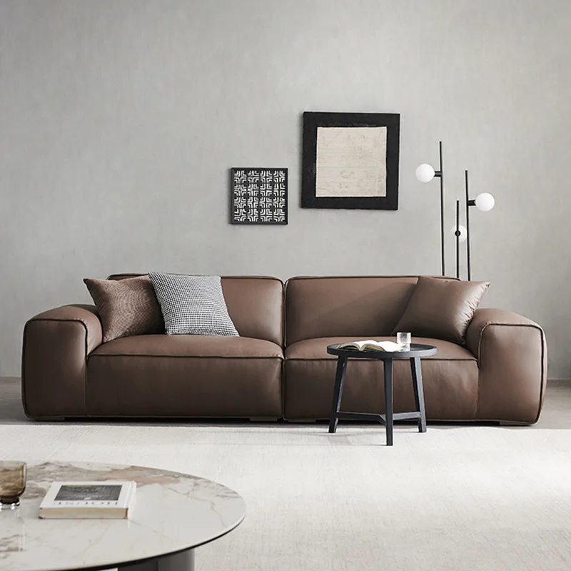 Italian minimalist, all-genuine leather first-layer cowhide sofa, living room tofu block straight row retro style sofa
