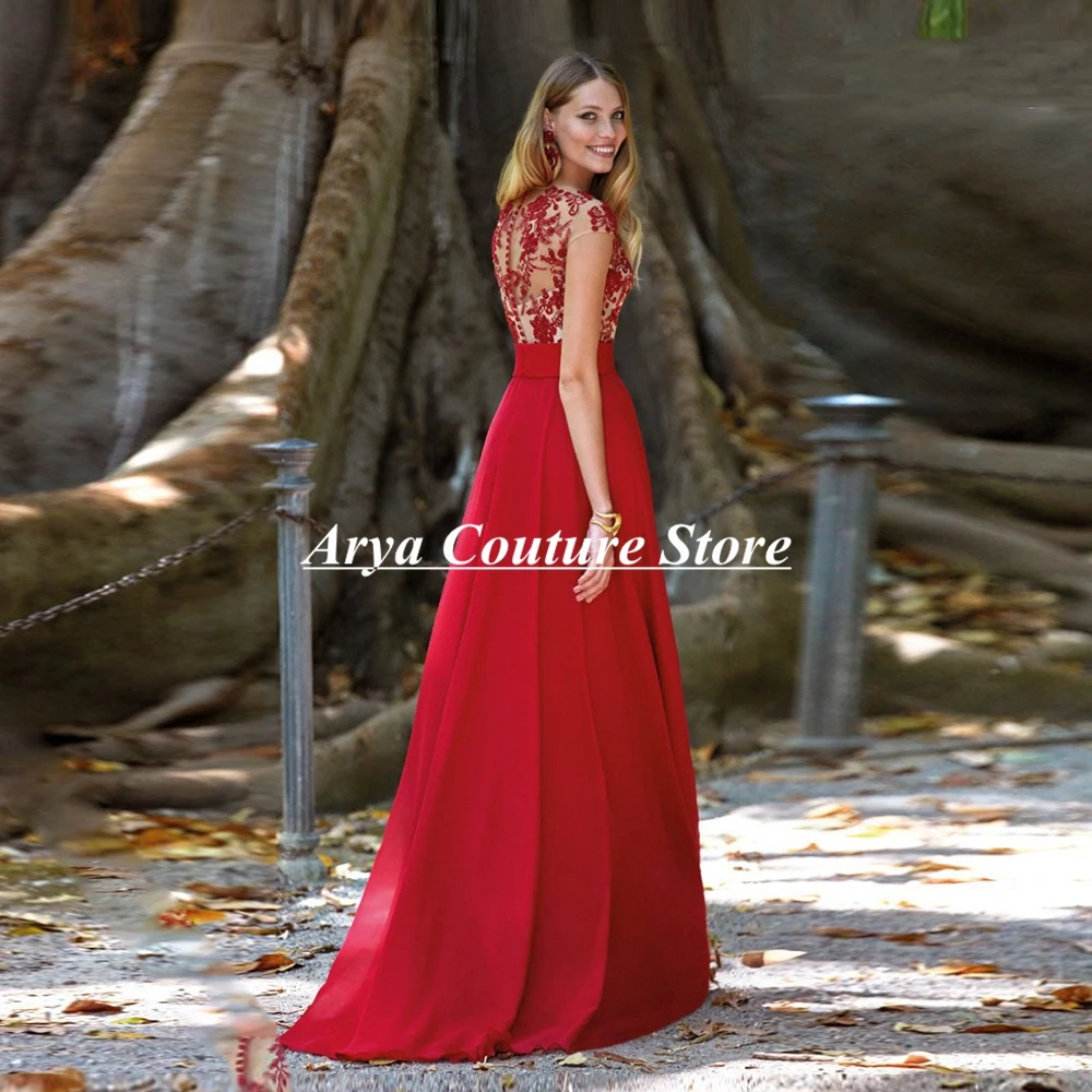 Charming Red Appliques Prom Dress Scoop Neck Cap Sleeve Ruched Chiffon A-Line Customized Party Evening Dress Robe De Soirée