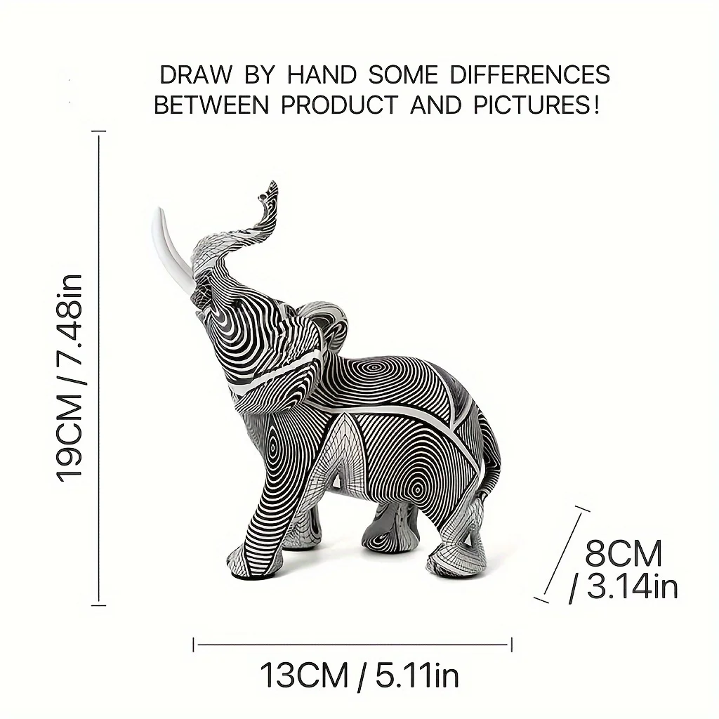 Chic Black & White Striped Elephant Statue - Modern Minimalist Resin Decor for Living Room, Office, or Hallway