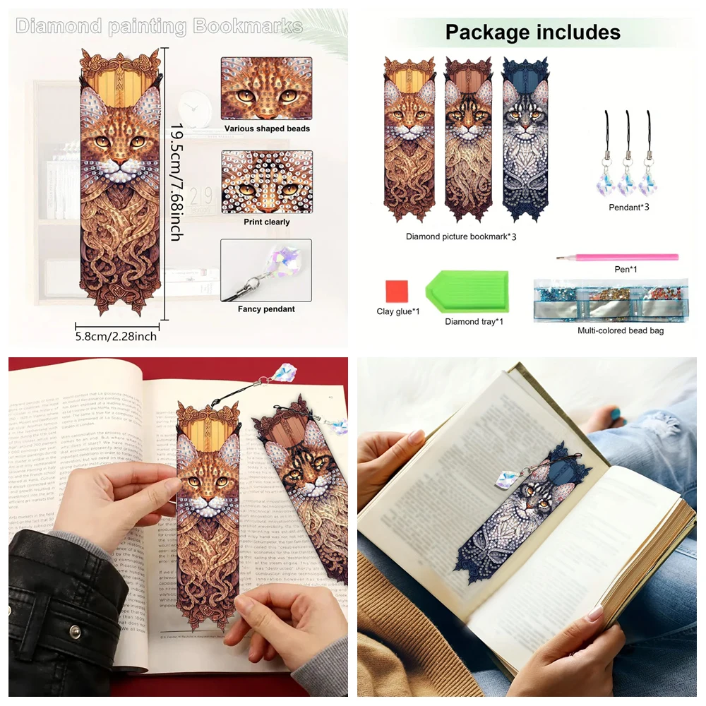 3 marcapáginas de arte con diamantes de gatos DIY para adultos, marcapáginas de diamantes de imitación de cristal acrílico para notas de libros, regalos para festivales y vacaciones