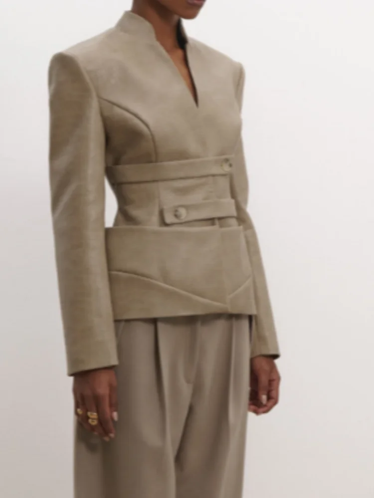 

Crocodile Embossed Leather Jacket Chic Women Fashion Stand Collar V-neck Full Sleeve Cinched-waist Jackets Lady Highstreet Coat