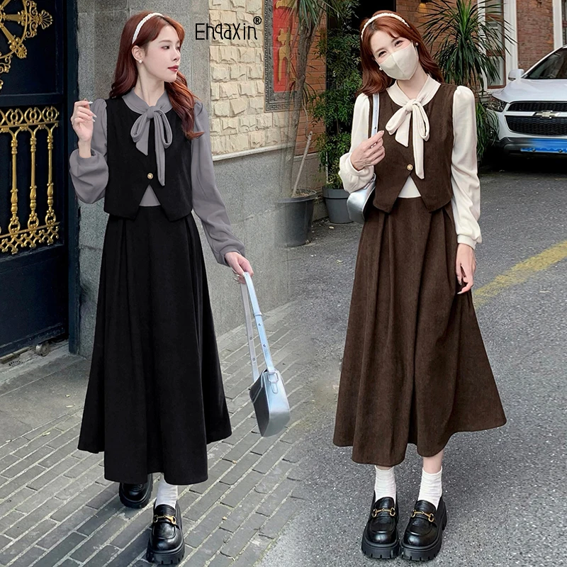 

EHQAXIN Autumn Winter Women's Dress Fashiona 2024 Temperament Splicing Fine Fleece V-Neck Bow Tie Retro A-Line Long Dress S-3XL