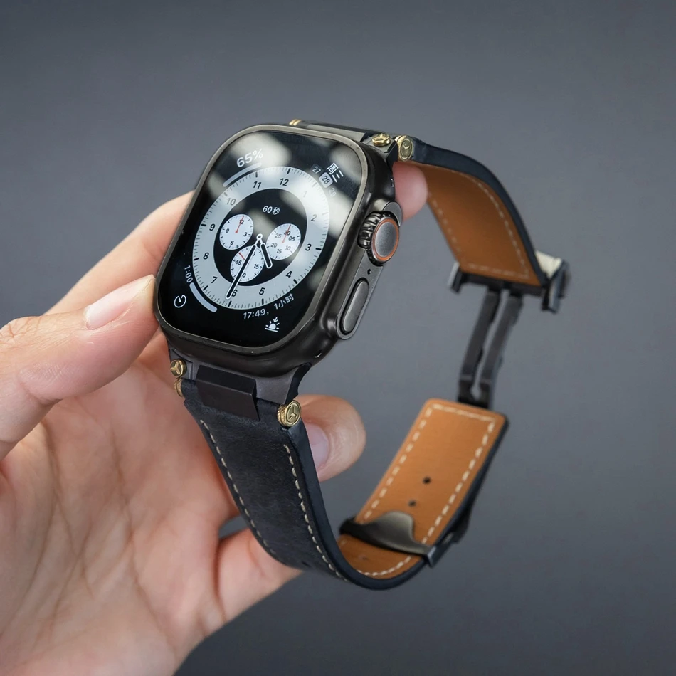 Man Leather Band for Apple Watch 11 10 9 8 6 7 3 SE Folding Clasp