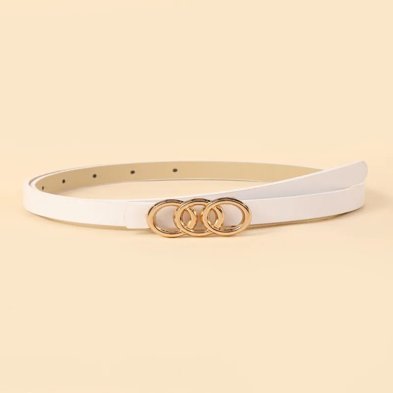 A Set of Thin Waist Belts with Golden Three-loop Buckles. It's a Versatile Style Suitable for Spring and Summer, and Can Be Pair