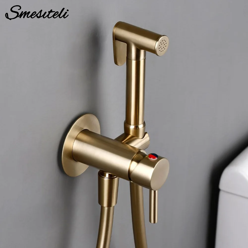 Bidet Sprayer Faucet Bathroom Mixer Wall Mounted Hot And Cold Water With Hose Smesiteli Brushed Gold Brass Hand-held