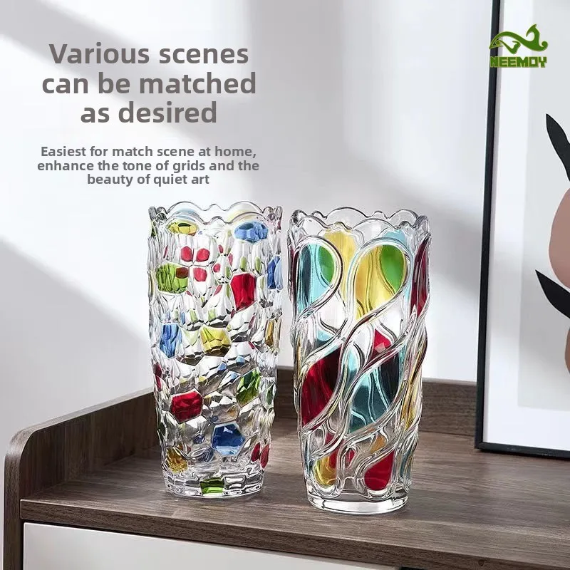 Hand Drawn Colored Glass Vase, Hammer Patterned Contrasting Vase, High-end Living Room Home Decoration, Moving Gift Flower Pot