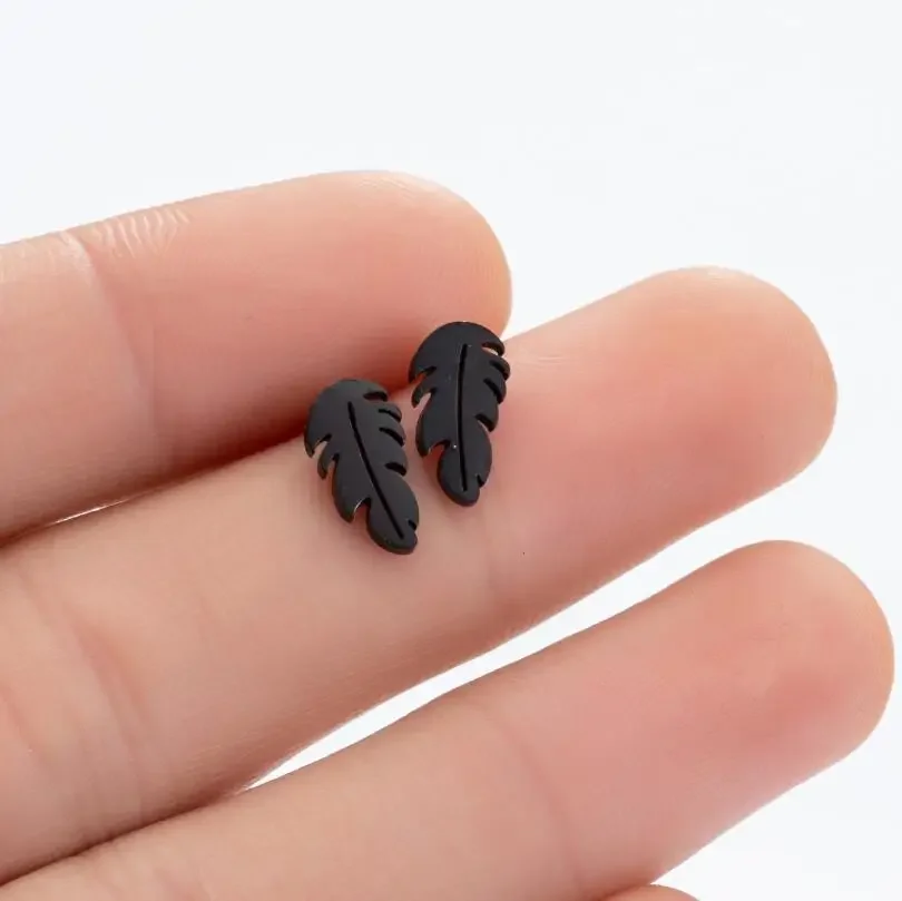 Trendy Black Stainless Steel Feather Stud Earrings Women Men Leaf Earings Tiny Small Ear Studs Pendientes