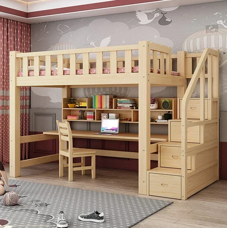 

Full solid wood elevated bed, and table, children's upper and lower bunks, combined with a desk, adult dormitory Hot Selling