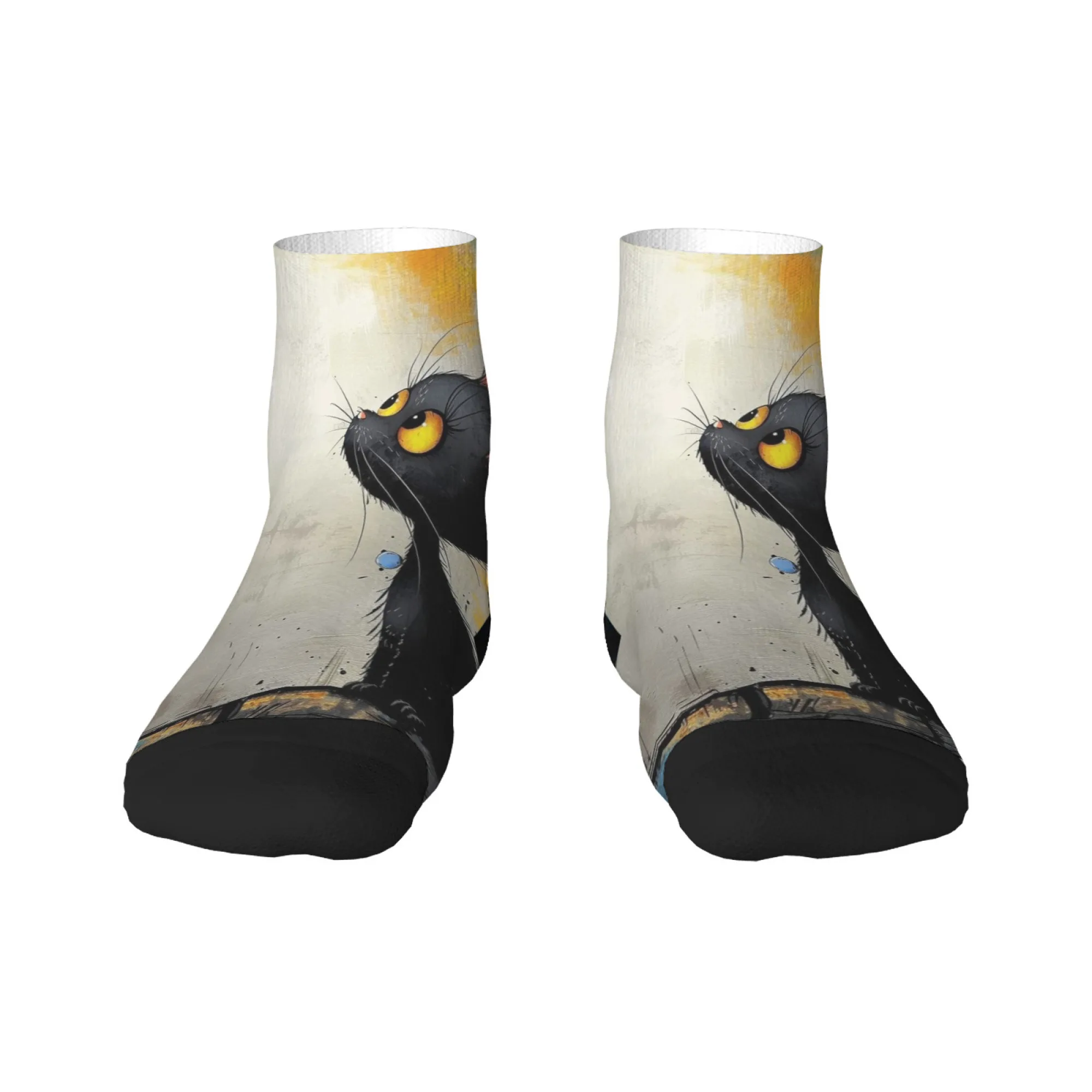 Zwarte Kat Print Korte Sok Polyestermix Comfortabele Casual Sokken voor Dames Heren Unisex Zacht Ademend Lichtgewicht Modieus