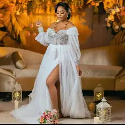 Customized White African Wedding Gowns 2026 A-Line Bride Robes Off Shoulder Long Sleeve Side Split Crystal Sexy Bridal Dress