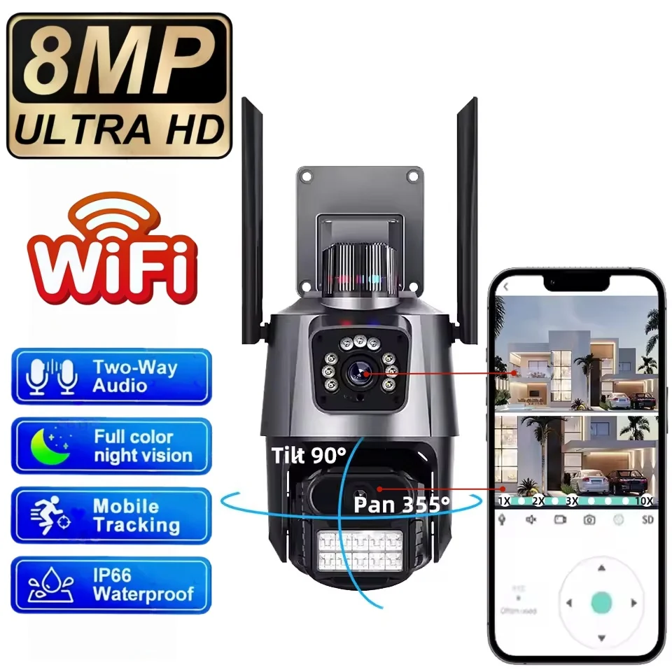 

Камера видеонаблюдения V380 Pro 4K 8MP с двумя объективами, Wi-Fi, для улицы, с функцией обнаружения людей, защита и безопасность, PTZ, IP CCTV