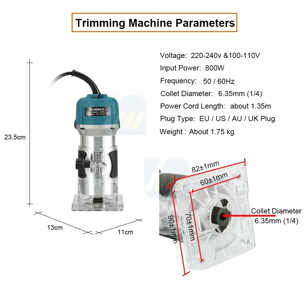 Electric Trimmer 800W 40000RPM Wood Router Machines Multifunctional Woodworking Wood Milling Trimming Engraving Slotting Machine